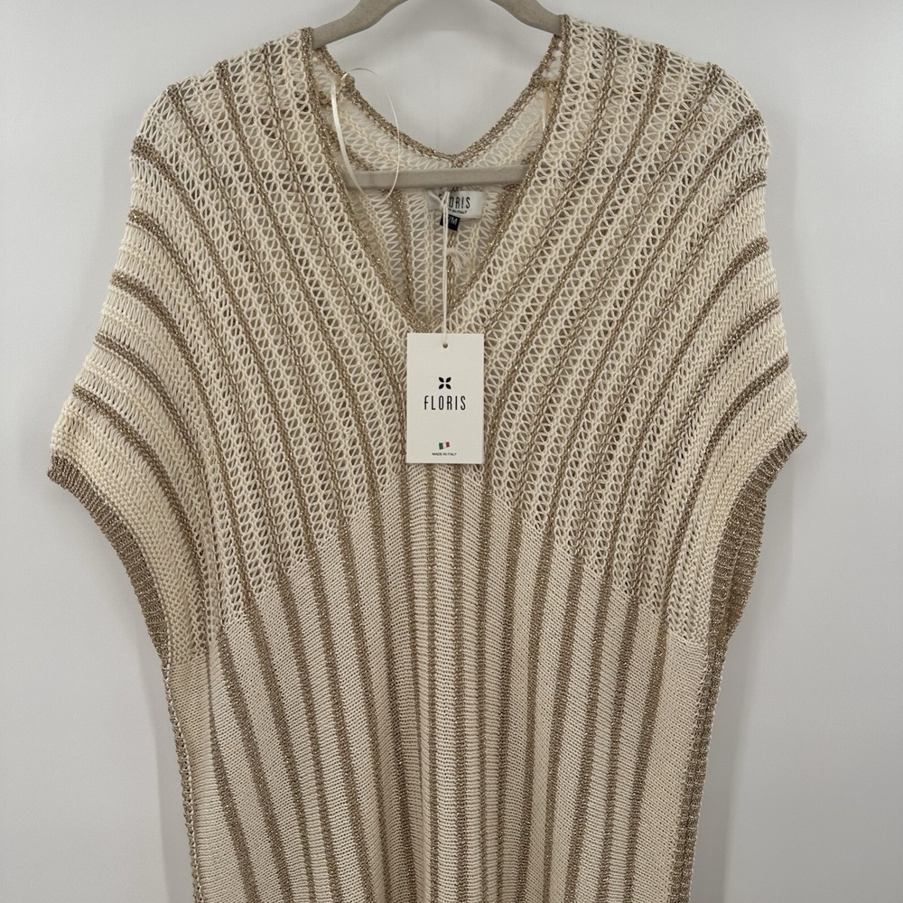 Floris Made in Italy Womens Swim Cover Up Cream Gold Metallic Knit Poncho Sz S/M
